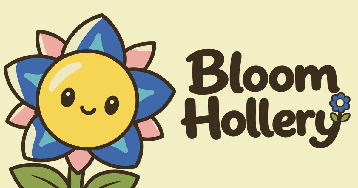 Bloom Hollery key art with the wordmark and a smiling flower